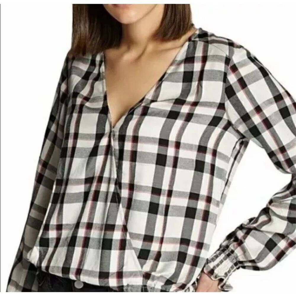 Sanctuary Cori Smocked Sleeve Blouse beige black red plaid wrap Vneck size S